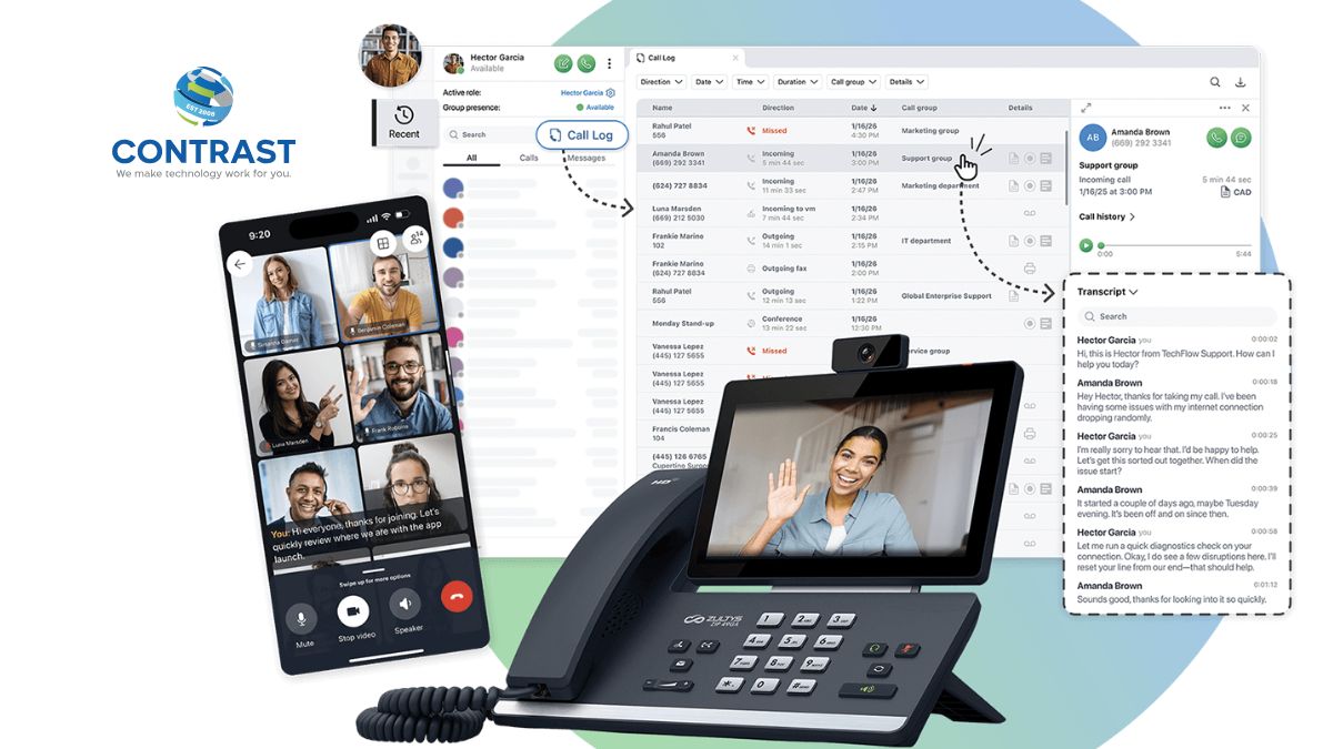 Contrast logo with images of various Zultys products including phone, desktop app, and cell phone app