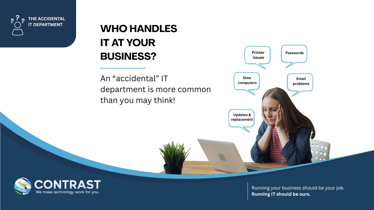 Graphic of a woman sitting at her computer feeling frustrated because she has become the accidental IT department.